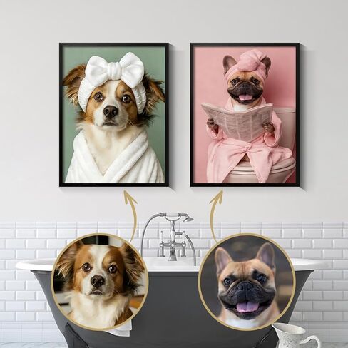 Custom Pet Portrait Canvas Wall Art, Personalized Pet Gift Print with Photo, Funny Dog in Bubble Bathtub, with Wine or Reading Newspaper on Toilet Poster, Colorful or Black White Customize Style in Saudi Arabia