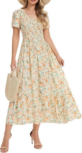 فستان Vogebund نسائي صيفي طويل برقبة على شكل V كاجوال وأكمام قصيرة ورقبة على شكل V فساتين بوهو للشاطئ مع جيوب in Kuwait