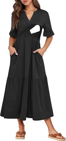 Womens Nursing Summer Maxi Dresses Ruffle Short Sleeve V Neck Tiered T Shirts Dress with Pockets in Kuwait