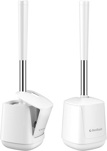 SetSail Toilet Brush and Holder, Self Closing Lid Toilet Bowl Brushes Holder and Extra Long Handle Ventilated Toilet Brush Set for Bathroom Cleaning, Nylon Bristles, White & Grey in Saudi Arabia