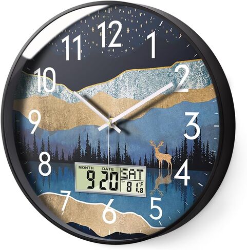 Digital Wall Clock Silent Non-Ticking Battery Operated Wall Clock with LCD Display Calendar Temperature Elk Mountain Pattern Wall Clock Decorative for Living Room Bedroom Home Office Kitchen 14inch in Kuwait