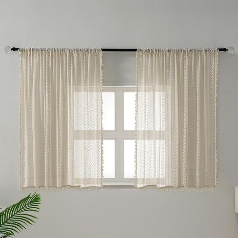 54 Inch Boho Sheer Curtains - Beige Vintage Lace with Tassel Trim, Rod Pocket Privacy Non See Through Farmhouse Curtains (Set of 2,W59 xL54) in Kuwait