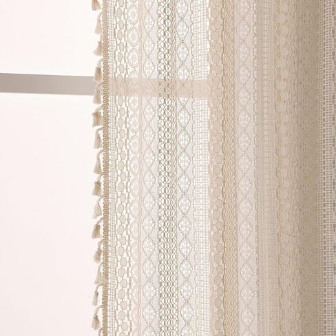 54 Inch Boho Sheer Curtains - Beige Vintage Lace with Tassel Trim, Rod Pocket Privacy Non See Through Farmhouse Curtains (Set of 2,W59 xL54) in Kuwait
