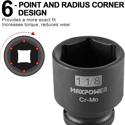 MAXPOWER 1/2 Inch Drive 1-1/8 Inch Standard Impact Socket, Made with Heat-Treated Chrome Molybdenum Steel, 6-Point Design, SAE in Saudi Arabia