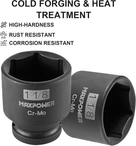MAXPOWER 1/2 Inch Drive 1-1/8 Inch Standard Impact Socket, Made with Heat-Treated Chrome Molybdenum Steel, 6-Point Design, SAE in Saudi Arabia