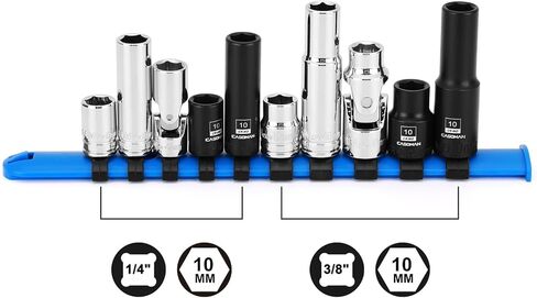 CASOMAN 10-Piece Shallow Deep Impact Socket & Flex Socket Set - 10mm, 1/4" & 3/8" Drive, 6-Point, Universal Socket, CR-MO & CR-V, with Storage Rail in Saudi Arabia