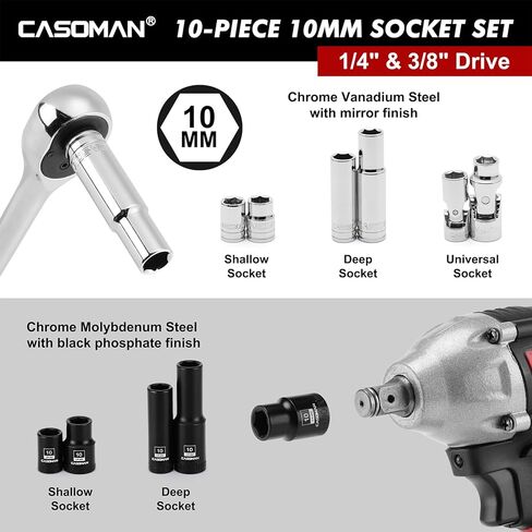 CASOMAN 10-Piece Shallow Deep Impact Socket & Flex Socket Set - 10mm, 1/4" & 3/8" Drive, 6-Point, Universal Socket, CR-MO & CR-V, with Storage Rail in Saudi Arabia