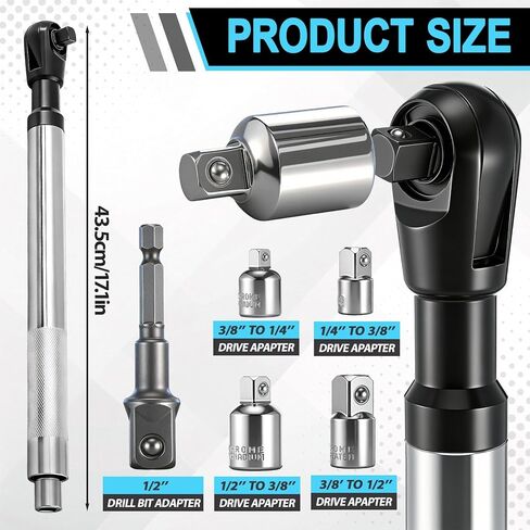 Lothee 1/2" Offset Extension Wrench Impact for Electric Drill with Versatile 3/8", 1/4" Adapters Set, Impact Ratchet Extender for Tight Spaces, Slim Design in Kuwait