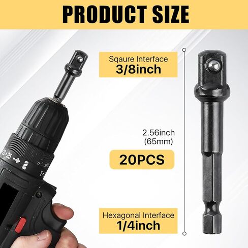 Supkiir 20Pcs 3/8 Impact Adapter Kit, 1/4 In to 3/8 In Hex Square Socket Adapter, High-Speed Steel Driver Sockets Adapters for Drills Automotive DIY Extension Nut Driver Bits in Kuwait