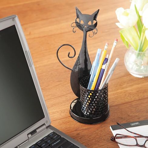 Cat Desk Pen Holder: Retro-Look Metal Organizer with Adorable Whiskered Feline. Keep Your Pens, Pencils, and More Upright in Style! Measures 12" high x 10" Dia. in Kuwait