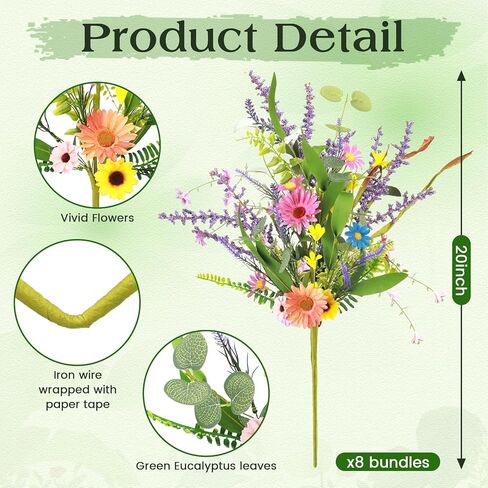 Giegxin 8 Bundles Spring Artificial Wildflowers 20 Inches Fake Daisy Flowers Colorful Flowers Artificial Flowers Lavender Bouquet for Home Indoor Table Vase Wedding Party Decor Lavender in Saudi Arabia