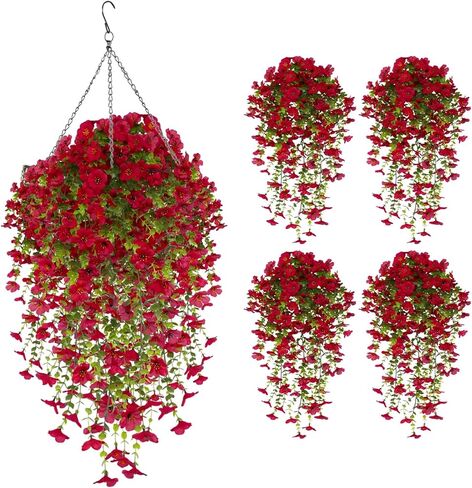 UV Resistant Artificial Hanging Flowers for Outdoors, Faux Morning Glory Fake Hanging Plants for Porch, Garden, Patio & Home Decoration, Realistic Silk Flowers, No Fade, No Watering, 4 PCS, Rose Red in Saudi Arabia