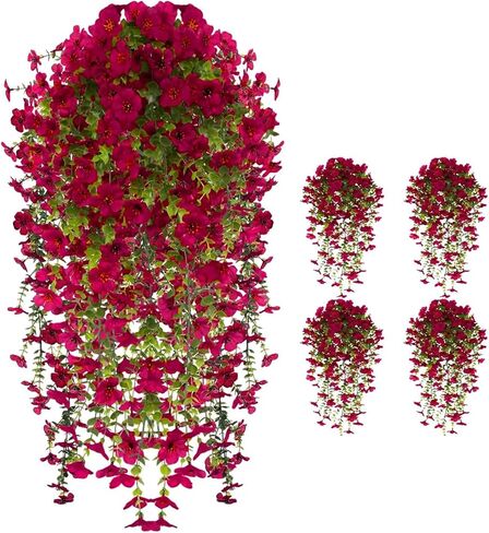 UV Resistant Artificial Hanging Flowers for Outdoors, Faux Morning Glory Fake Hanging Plants for Porch, Garden, Patio & Home Decoration, Realistic Silk Flowers, No Fade, No Watering, 4 PCS, Rose Red in Saudi Arabia