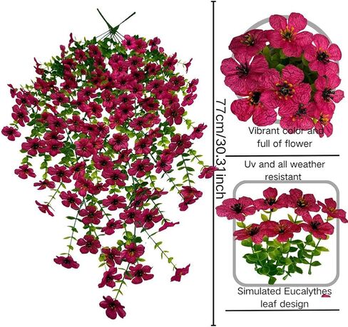 UV Resistant Artificial Hanging Flowers for Outdoors, Faux Morning Glory Fake Hanging Plants for Porch, Garden, Patio & Home Decoration, Realistic Silk Flowers, No Fade, No Watering, 4 PCS, Rose Red in Saudi Arabia