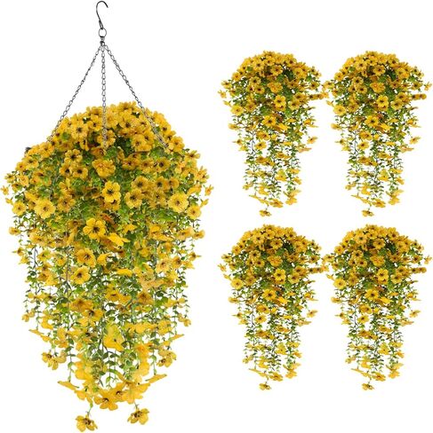 UV Resistant Artificial Hanging Flowers for Outdoors, Faux Morning Glory Fake Hanging Plants for Porch, Garden, Patio & Home Decoration, Realistic Silk Flowers, No Fade, No Watering, 4 PCS, Rose Red in Saudi Arabia