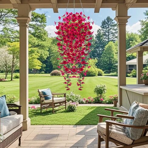 UV Resistant Artificial Hanging Flowers for Outdoors, Faux Morning Glory Fake Hanging Plants for Porch, Garden, Patio & Home Decoration, Realistic Silk Flowers, No Fade, No Watering, 4 PCS, Rose Red in Saudi Arabia