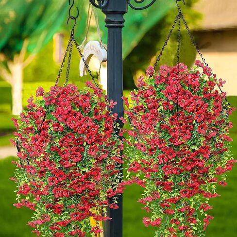 UV Resistant Artificial Hanging Flowers for Outdoors, Faux Morning Glory Fake Hanging Plants for Porch, Garden, Patio & Home Decoration, Realistic Silk Flowers, No Fade, No Watering, 4 PCS, Rose Red in Saudi Arabia