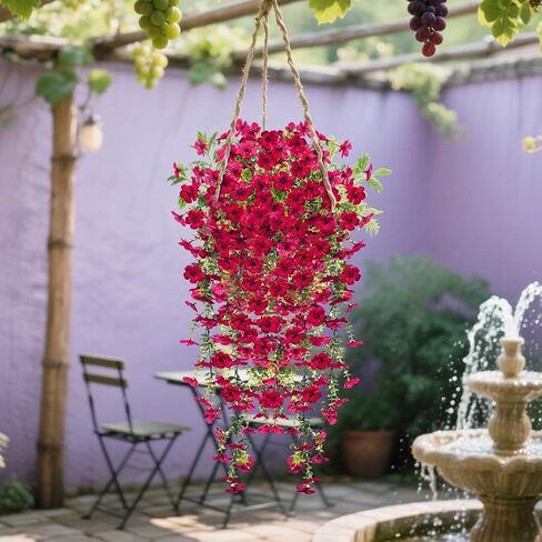 UV Resistant Artificial Hanging Flowers for Outdoors, Faux Morning Glory Fake Hanging Plants for Porch, Garden, Patio & Home Decoration, Realistic Silk Flowers, No Fade, No Watering, 4 PCS, Rose Red in Saudi Arabia