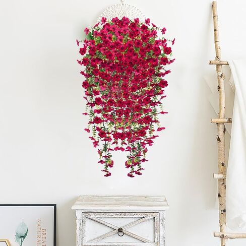 UV Resistant Artificial Hanging Flowers for Outdoors, Faux Morning Glory Fake Hanging Plants for Porch, Garden, Patio & Home Decoration, Realistic Silk Flowers, No Fade, No Watering, 4 PCS, Rose Red in Saudi Arabia