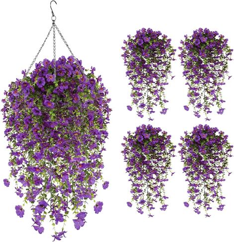 UV Resistant Artificial Hanging Flowers for Outdoors, Faux Morning Glory Fake Hanging Plants for Porch, Garden, Patio & Home Decoration, Realistic Silk Flowers, No Fade, No Watering, 4 PCS, Rose Red in Saudi Arabia