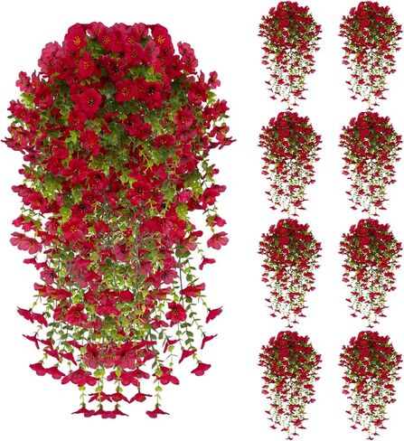 UV Resistant Artificial Hanging Flowers for Outdoors, Faux Morning Glory Fake Hanging Plants for Porch, Garden, Patio & Home Decoration, Realistic Silk Flowers, No Fade, No Watering, 4 PCS, Rose Red in Saudi Arabia