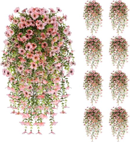UV Resistant Artificial Hanging Flowers for Outdoors, Faux Morning Glory Fake Hanging Plants for Porch, Garden, Patio & Home Decoration, Realistic Silk Flowers, No Fade, No Watering, 4 PCS, Rose Red in Saudi Arabia