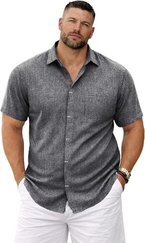 Weecreeture Men’s Big & Tall Linen Short Sleeve Button Up Shirt, Hidden Placket, Breathable Casual Beach Resort, Solid Color in Kuwait