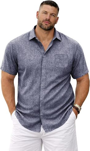 Weecreeture Men’s Big & Tall Linen Short Sleeve Button Up Shirt, Hidden Placket, Breathable Casual Beach Resort, Solid Color in Saudi Arabia