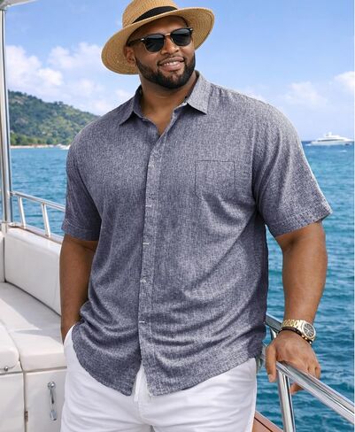 Weecreeture Men’s Big & Tall Linen Short Sleeve Button Up Shirt, Hidden Placket, Breathable Casual Beach Resort, Solid Color in Saudi Arabia