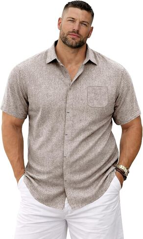 Weecreeture Men’s Big & Tall Linen Short Sleeve Button Up Shirt, Hidden Placket, Breathable Casual Beach Resort, Solid Color in Saudi Arabia