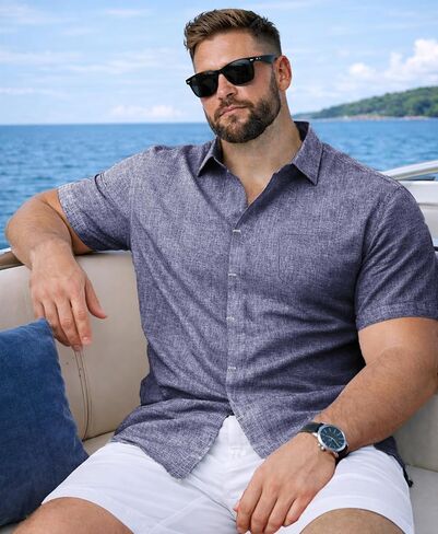 Weecreeture Men’s Big & Tall Linen Short Sleeve Button Up Shirt, Hidden Placket, Breathable Casual Beach Resort, Solid Color in Saudi Arabia
