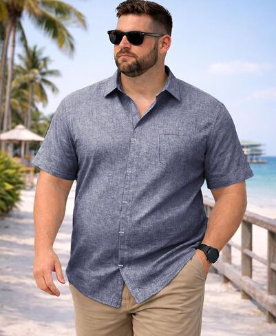 Weecreeture Men’s Big & Tall Linen Short Sleeve Button Up Shirt, Hidden Placket, Breathable Casual Beach Resort, Solid Color in Saudi Arabia