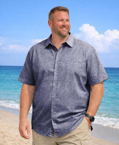 Weecreeture Men’s Big & Tall Linen Short Sleeve Button Up Shirt, Hidden Placket, Breathable Casual Beach Resort, Solid Color in Saudi Arabia