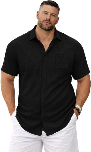 Weecreeture Men’s Big & Tall Linen Short Sleeve Button Up Shirt, Hidden Placket, Breathable Casual Beach Resort, Solid Color in Saudi Arabia
