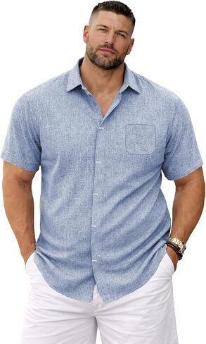 Weecreeture Men’s Big & Tall Linen Short Sleeve Button Up Shirt, Hidden Placket, Breathable Casual Beach Resort, Solid Color in Saudi Arabia