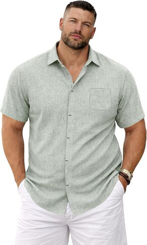 Weecreeture Men’s Big & Tall Linen Short Sleeve Button Up Shirt, Hidden Placket, Breathable Casual Beach Resort, Solid Color in Saudi Arabia