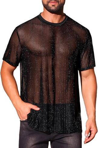 Lars Amadeus Shiny See Through T-Shirt for Men's Breathable Short Sleeve Party Sheer Mesh T-Shirts in Saudi Arabia