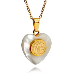 Nazareth Store Mother Of Pearl Saint Pendant Dainty 18K Gold Plated St. Benedict, St. Michael Miraculous Medal Gold Chain Necklace 18" for Men Women