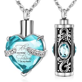 XIUDA 2PC Urn Necklace for Ashes Heart Crystal Cremation Jewelry Stainless Steel Keepsake Memorial Pendant for Women Men Loved Ones