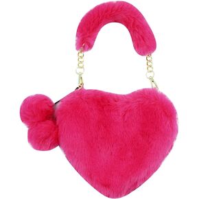 Women Girls Faux Fur Heart Shaped Handbag Plush Shoulder Bag Clutch Purse with Metal Chain Strap