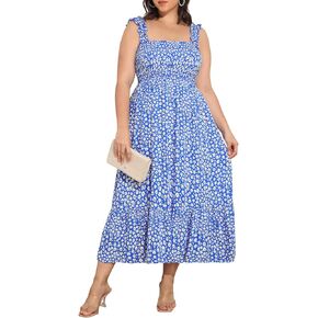 Women's Summer Plus Size Spaghetti Strap Floral Print Tiered Casual Beach Maxi Long Flowy Sundress