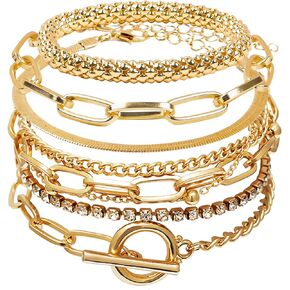 مجموعة اساور سلسلة ذهبية بوهو مكونة من 5 قطع قابلة للتكديس ومفتوحة قابلة للتعديل، اساور سلسلة انيقة متعددة الطبقات، مجموعات مجوهرات ذهبية للنساء والفتيات in Kuwait