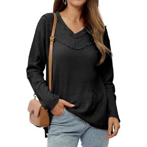 Long Sleeve Tops for Women Casual Waffle Knit V Neck Side Slit Pullover Sweater T Shirts Fall