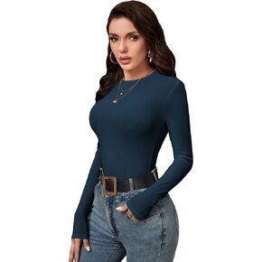 MakeMeChic Women's Ribbed Knit Solid Round Neck Tee Shirt Long Sleeve Slim Fit Casual Tops