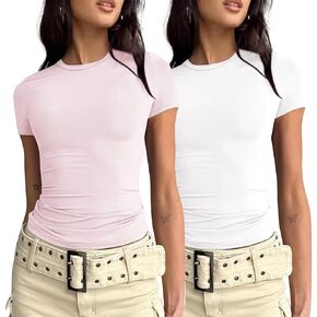 2 Piece Basic Short Sleeve Tees for Women Tight Shirts Y2k Crop Top Fitted T Shirt Summer Going Out Tops Dupes