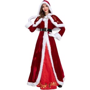 Mrs Claus Costume for Women Santa Claus Christmas Dress with Hooded Cape Belt Adult Mrs. Claus Suit for Party Cosplay