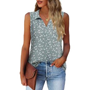 Vivilli Sleeveless Blouses Women,Business Attire Women Collared Tops V Neck Chiffon Tunics Tanks Dress Work Shirts for Women Office Junior Floral Shell Tops Loose Fit Camisole Multi-Green XL
