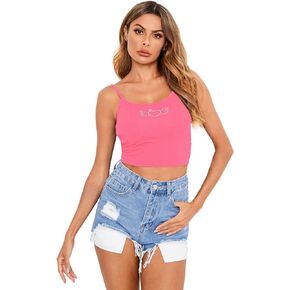 Verdusa Women's Sleeveless y2k Shirt Round Neck Rhinestone Crop Cami Top