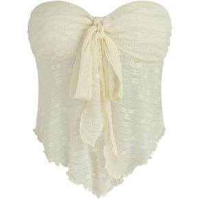 Women Floral Tie Front Crop Tube Tops Sexy Strapless Backless Bandeau Lace Sheer Mesh Asymmetrical Hem Y2K Tank Tops