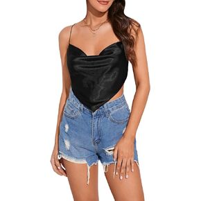 Floerns Women's Backless Hanky Hem Draped Front Cowl Neck Satin Crop Cami Top